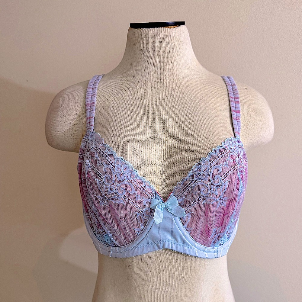 Felina Lingerie Blue & Pink Lace Stripe Stripes Bra 38D NWOT